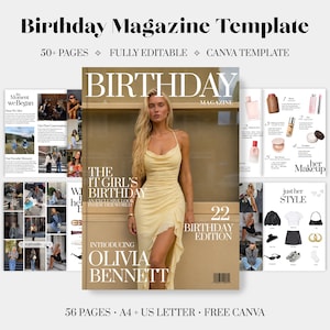 May include: A digital birthday magazine template featuring 50+ pages, fully editable in Canva. The cover displays a person in a yellow dress with the text Birthday Magazine, The It Girl's Birthday, and Introducing Olivia Bennett, 22 Birthday Edition.
