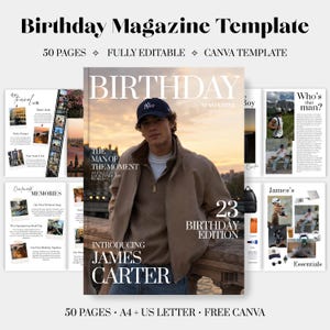 May include: A digital birthday magazine template featuring 50 pages, fully editable in Canva. The cover displays a person in a tan jacket and navy baseball cap with the text Birthday Magazine, The Man of the Moment, and James Carter.