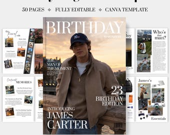 Gepersonaliseerd verjaardagsmagazine-sjabloon voor hem | Verjaardagscadeau voor je vriend | Bewerkbaar Canva-magazine | Verjaardagscadeau voor mannen