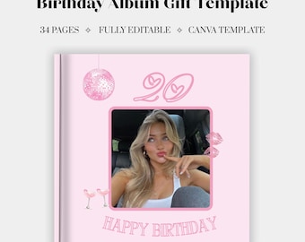 Modèle de livre photo d'anniversaire personnalisé | Album d'anniversaire personnalisé | Cadeau pour meilleure amie, sœur | Cadeau d'anniversaire Canva modifiable