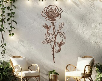 Metal Rose Wall Art, Hummingbird Flower Sign, Floral Home Decor, Steampunk Garden Gift