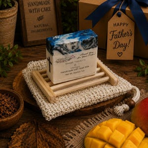 May include: A rectangular bar of goat milk soap with a blue and white marbled top, resting on a wooden soap dish. The label reads Sweet Tobacco & Mango, Handmade with Goat Milk, Net Wt. Approx 7oz, and features a cross icon and brand text.