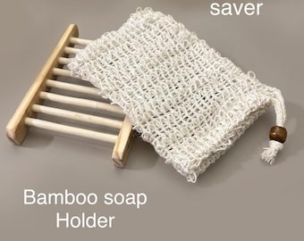 Bamboo Soap Holder & Exfoliating Soap Saver Bag – Natural Wooden Bath Accessories