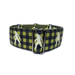 Sasquatch Martingale Dog Collar or Quick Release Buckle Collar, Green and Black Buffalo Plaid, Bigfoot, Yeti Footprint Woodland Collar