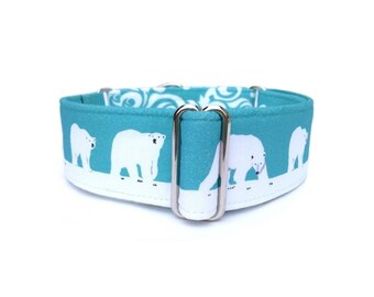 Polar Bears Martingale OR Adjustable Quick Release Buckle Collar in Turquoise and White Snow Polar Bears and Winter Swirls
