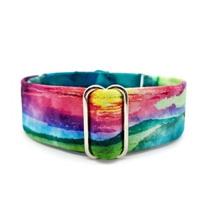 Mountain Sunset Martingale OR Side Release Buckle Dog Collar - Colorful Sunrise & Teal Marble Fabric Wrapped Pet Collar Custom Made to Order
