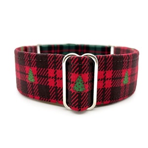 Christmas Cabin Martingale OR Side Release Buckle Dog Collar - Red, Green and Black Rustic Tartan Plaid Pet Collar with Christmas Trees