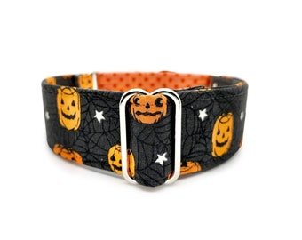 Small, Medium or Large Halloween Night Martingale OR Side Release Buckle Dog Collar - Black Orange Pumpkin, Cobweb & Polka Dot Pet Collar