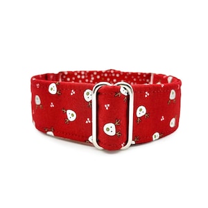 On Dasher Martingale OR Side Release Buckle Dog Collar - Modern Red White Christmas Reindeer & Snowflakes Pet Collar, Custom Made to Order