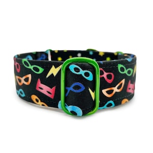 Heroes Martingale OR Quick Release Buckle Dog Collar - Colorful Superhero Masks and Stars Custom Made to Order Fabric Wrapped Pet Collar