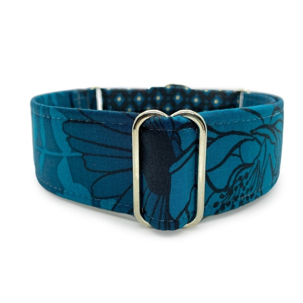 Midnight Garden Martingale OR Side Release Buckle Dog Collar - Deep Navy Blue, Teal, Black Floral and Harlequin Fabric Wrapped Pet Collar