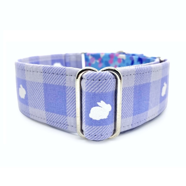 Lavender Bunnies Martingale OR Quick Release Buckle Dog Collar - Periwinkle Plaid Easter Bunny and Pastel Violet Floral Spring Pet Collar