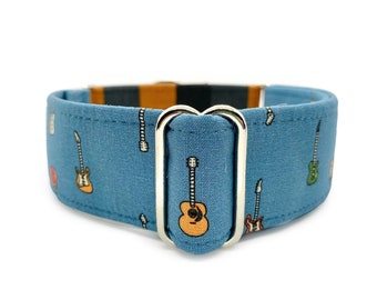 Guitars Martingale Dog Collar or Quick Release Buckle Collar - 1-inch, 1.5-inch or 2-inch Blue Modern Music and Plaid Custom Pet Collar
