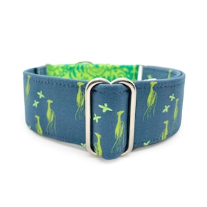 Greyhound Fireflies Martingale OR Quick Release Buckle Dog Collar - Teal and Lime Green Sighthound Floral Custom Pet Collar, Made to Order