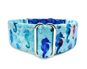 Bali Seahorse Martingale Dog Collar or Side Release Buckle Collar - Narrow to Wide Blue & Purple Batik Ocean Waves Fabric Wrapped Pet Collar