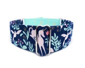 Unicorn Tapestry Martingale Dog Collar or Quick Release Buckle Dog Collar, Adjustable Floral and Birds, Mint Green with Metallic Gold Arrows