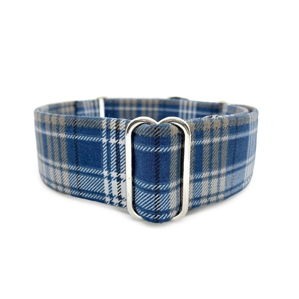 Weekend Plaid Martingale OR Side Release Buckle Dog Collar - Neutral Blue and Gray Casual Classic Tartan Plaid Fabric Wrapped Boy Pet Collar