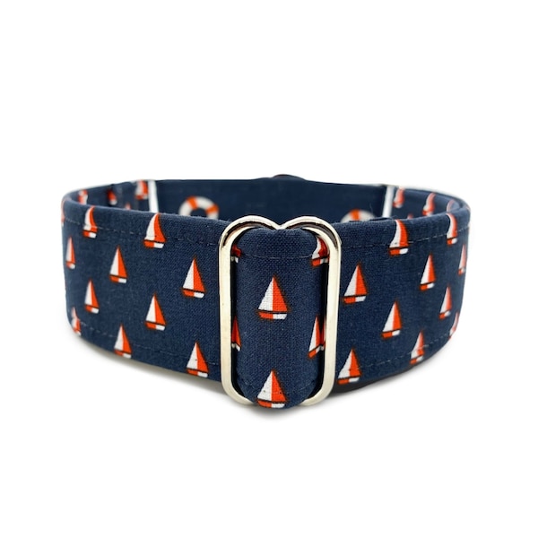 Harbor Dog Martingale OR Side Release Buckle Dog Collar - Red, White, Navy Blue Sailboat and Lifesaver Nautical Fabric Wrapped Pet Collar