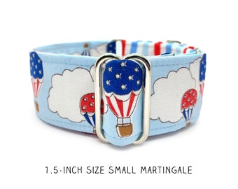 1.5-inch size Small Balloon America Martingale Dog Collar, Finished Ready to Ship. Red, White & Blue Patriotic 4th of July Cloud and Stripe