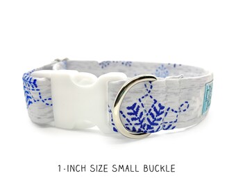 1-inch size Small Cool Snowflake Quick Release Buckle Dog Collar - Blue and Gray Winter Collar for Small Dogs, Finished and Ready to Ship