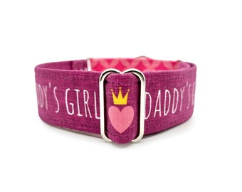 Daddy's Girl Martingale OR Side Release Buckle Dog Collar - Cute Pink & Purple Heart Crown Fabric Wrapped Girl Pet Collar, Gift for Dog Dads