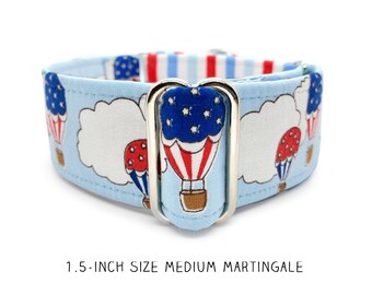 1.5-inch size Medium Balloon America Martingale Dog Collar, Finished Ready to Ship. Red, White & Blue Patriotic 4th of July Cloud and Stripe