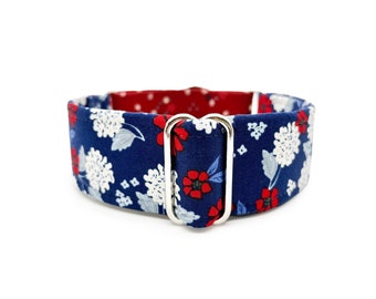 Lady Liberty Martingale OR Quick Release Buckle Dog Collar - Red, White and Blue Floral 4th of July Patriotic Summer Custom Girl Pet Collar