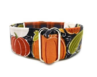 Small or Medium Pumpkin Patch Martingale Dog Collar or Side Release Buckle Dog Collar - Adjustable Fall Gourds and Plaid Pet Collar