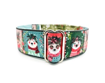 Storybook Winter Woodland Martingale OR Side Release Buckle Dog Collar - 1-inch or 1.5-inch Christmas Floral, Bear, Fox, Hedgehog Pet Collar