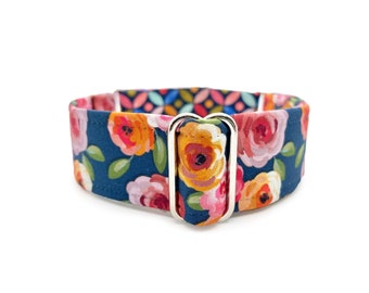 Jewel Peonies Martingala O Collar para Perro con Hebilla de Liberación Lateral - Collar para Mascotas Envuelto en Tela Personalizada Floral y Geométrica de Primavera Colorida para Niñas