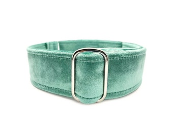 Sea Glass Velvet Wrapped Martingale OR Quick Release Buckle Dog Collar - Soft, Light Dusty Teal Green Luxury Pet Collar for Sensitive Necks