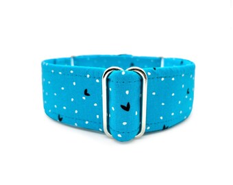 Blue Raz Hearts Martingale OR Side Release Buckle Dog Collar - Bright Turquoise Valentine's Day Hearts & Confetti Fabric Wrapped Pet Collar