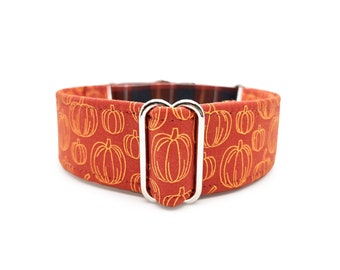 Collar de perro Martingale de tela escocesa de calabaza O collar de perro con hebilla de liberación lateral - Anchos múltiples, collar de mascota de otoño naranja y marrón cosecha