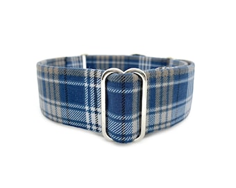 Weekend Plaid Martingale OR Side Release Buckle Dog Collar - Neutral Blue and Gray Casual Classic Tartan Plaid Fabric Wrapped Boy Pet Collar