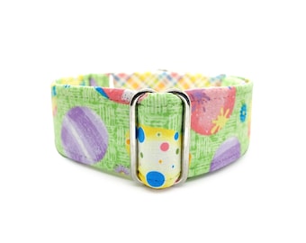 Easter Egg Hunt Martingale OR Quick Release Buckle Dog Collar - Grass Green, Purple, Yellow Pastel Spring Plaid Fabric-Wrapped Pet Collar