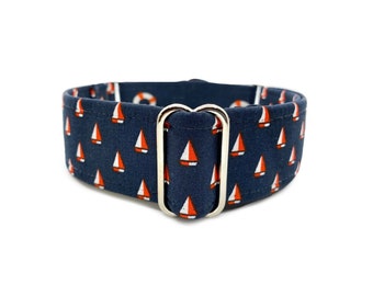 Harbor Dog Martingale OR Side Release Buckle Dog Collar - Red, White, Navy Blue Sailboat and Lifesaver Nautical Fabric Wrapped Pet Collar