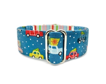 Holiday Bustle Martingale OR Quick Release Buckle Collar, Blue, Green, Red Christmas Trees, Gifts & Metallic Stripe Custom Made Pet Collar