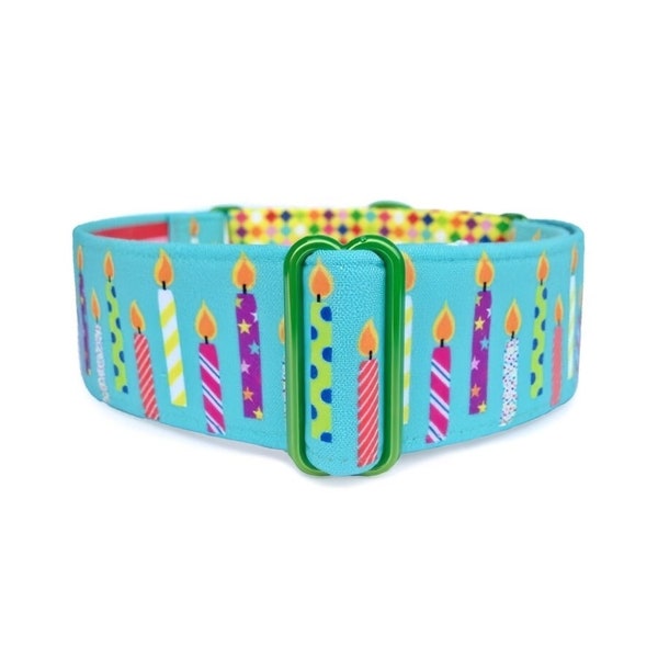 Birthday Puppy Martingale OR Quick Release Buckle Dog Collar - Colorful Candles and Party Confetti Custom Pet Collar for Dog Birthdays