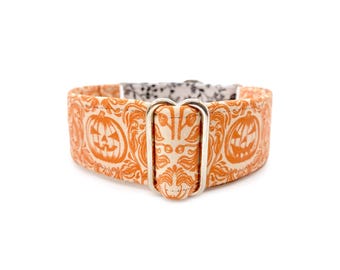 Mystic Halloween Martingale OR Side Release Buckle Dog Collar - Gray, Orange and Black Floral Damask Pumpkin Vine Pet Collar for Autumn