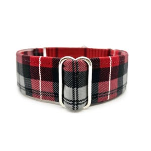 Crimson Plaid Martingale OR Side Release Buckle Dog Collar - Maroon Red, Gray and Black Casual Classic Tartan Fabric Wrapped Boy Pet Collar