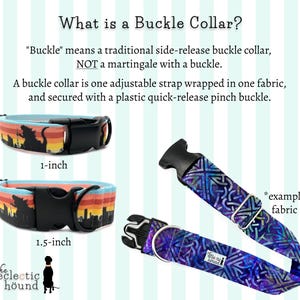 May include: A close-up of two dog collars, one 1-inch wide and one 1.5-inch wide, both with a side-release buckle. The collars are made of fabric with a colorful pattern. The text "What is a Buckle Collar?" is at the top of the image. The text "Buckle" means a traditional side-release buckle collar, NOT a martingale with a buckle. A buckle collar is one adjustable strap wrapped in one fabric, and secured with a plastic quick-release pinch buckle. is also included in the image.