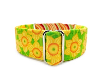 Daffodil Festival Martingale OR Side Release Buckle Dog Collar - Yellow, Orange and Green Spring Floral and Swirl Fabric Wrapped Pet Collar