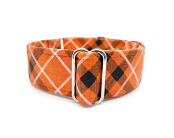 Halloween Tartan Martingale OR Side Release Buckle Dog Collar - Cool Classic Orange, Black & White Halloween Plaid Autumn Pet Collar