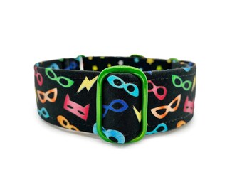 Heroes Martingale OR Quick Release Buckle Dog Collar - Colorful Superhero Masks and Stars Custom Made to Order Fabric Wrapped Pet Collar