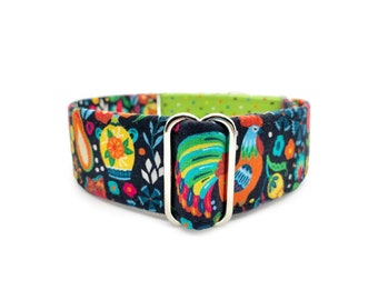 Painted Rooster Martingale OR Quick Release Buckle Dog Collar - Colorful Birds, Flowers, Butterflies and Polka Dots Custom Pet Collar