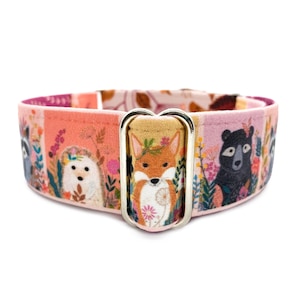 Storybook Woodland Martingale OR Side Release Buckle Dog Collar - 1-inch or 1.5-inch Pink Spring Floral, Bear, Fox, Owl Pet Collar for Girls