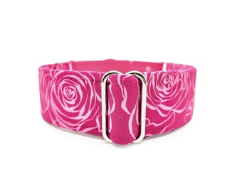 Bloom'n'Bees Martingale OR Side Release Buckle Dog Collar - Pink Roses and Bumblebees Valentine's Day Fabric Wrapped Pet Collar