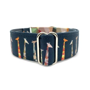 Giraffe Tower Martingale OR Quick Release Buckle Dog Collar - Thin or Wide Navy Blue Giraffes & Colorful Geometric Patches Custom Pet Collar