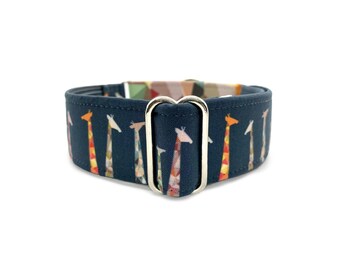 Giraffe Tower Martingale OR Quick Release Buckle Dog Collar - Thin or Wide Navy Blue Giraffes & Colorful Geometric Patches Custom Pet Collar