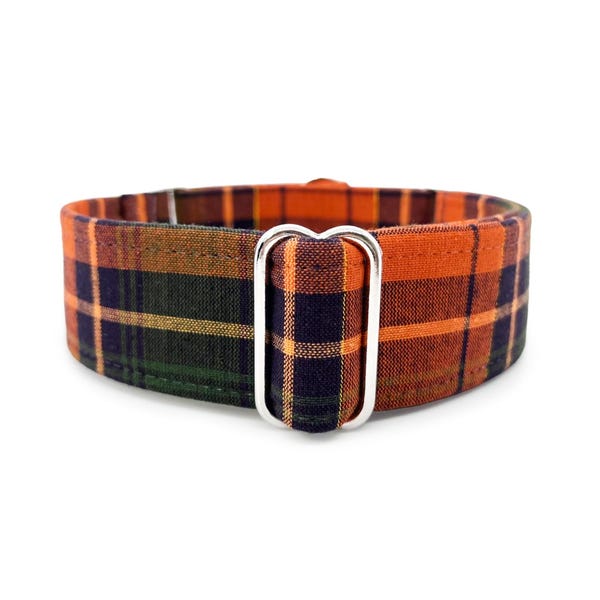 Harvest Tartan Martingale OR Buckle Dog Collar: Orange Autumn Plaid Pet Collar Custom Made to Order